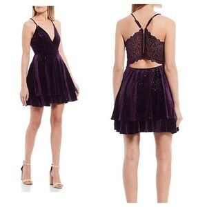 Honey and Rosie Glitter Lace Padded Plunge V  Neck Lace Bra Back Skater Dress